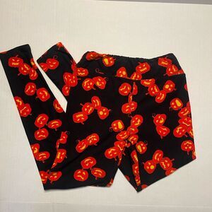 LuLaRoe One Size OS Halloween Jack O Lantern Black Stretch Knit Leggings B5